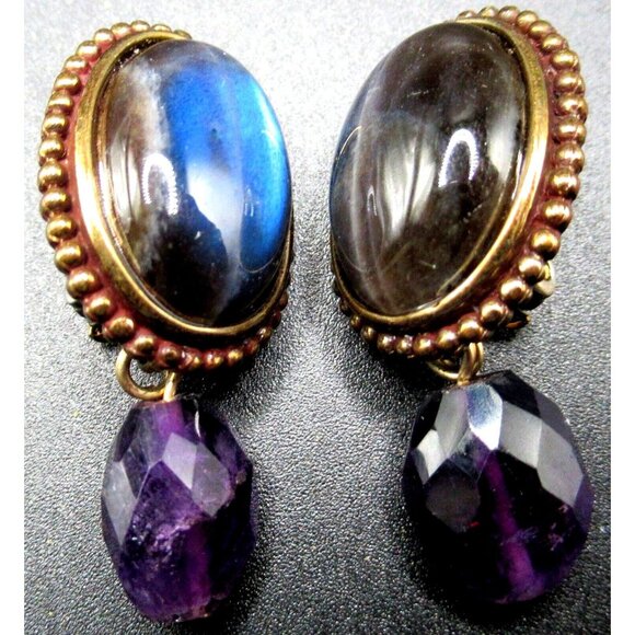STEPHEN DWECK Labradorite & Amethyst Sterling Silver Clip Earrings - Picture 1 of 4